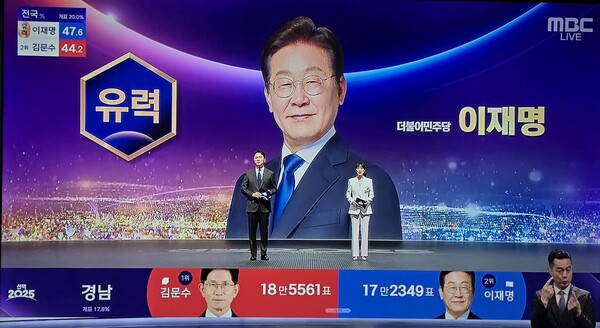 이재명 대통령 후보 개표방송중 유력