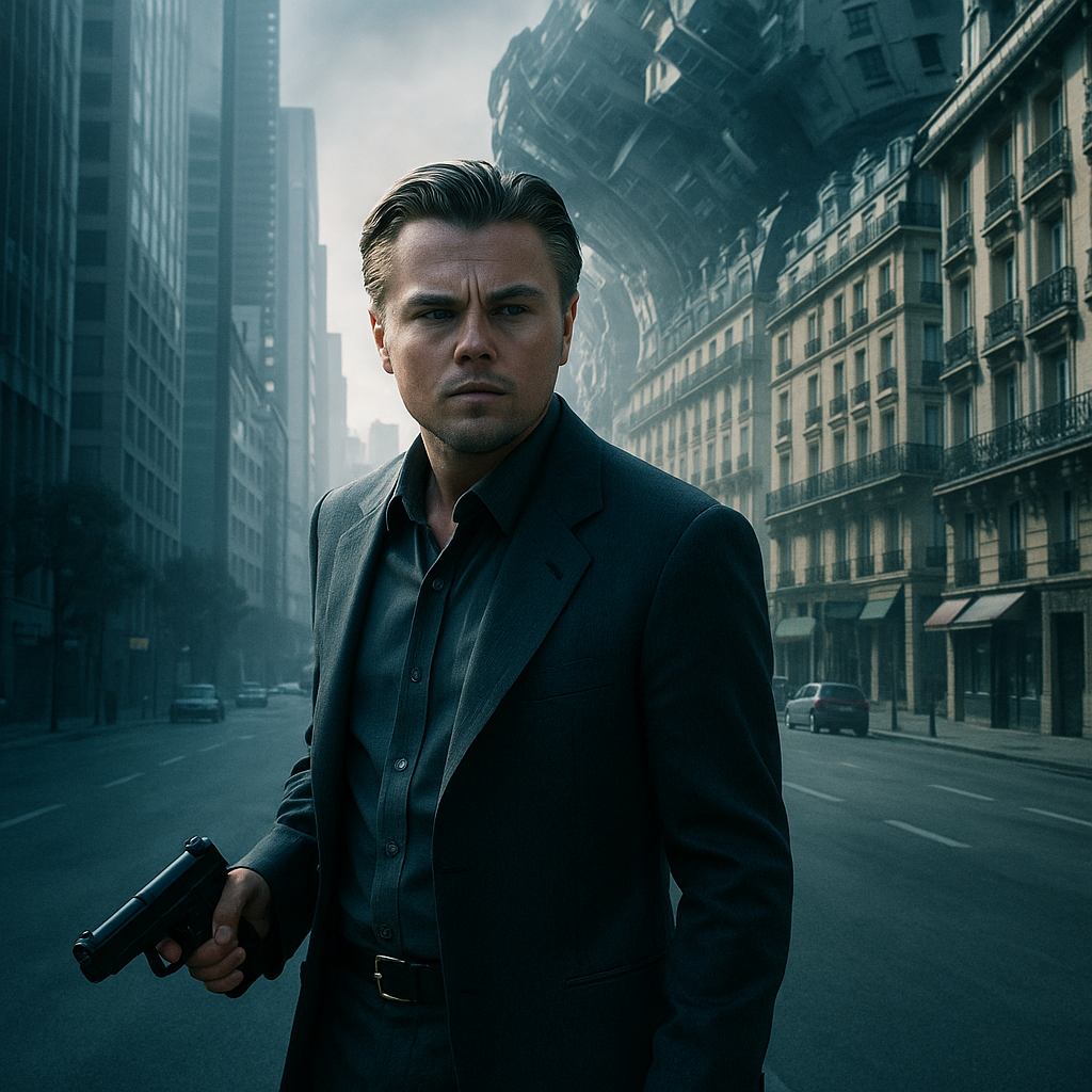 인셉션 영화 속 디카프리오가 꿈의 구조 속에서 작전을 수행하는 장면. 꿈과 현실의 경계가 시각적으로 표현된 도시 배경.