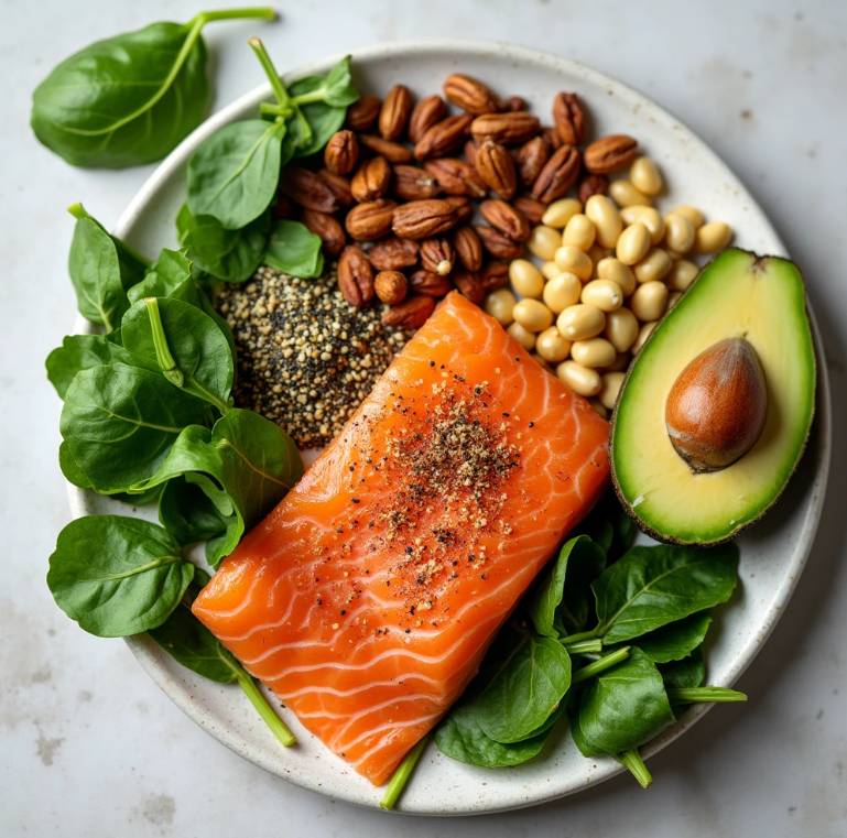 만성피로에 좋은 다양한 식품들을 보여주는 사진. 연어, 견과류, 시금치, 아보카도 등이 아름답게 배치되어 있습니다.