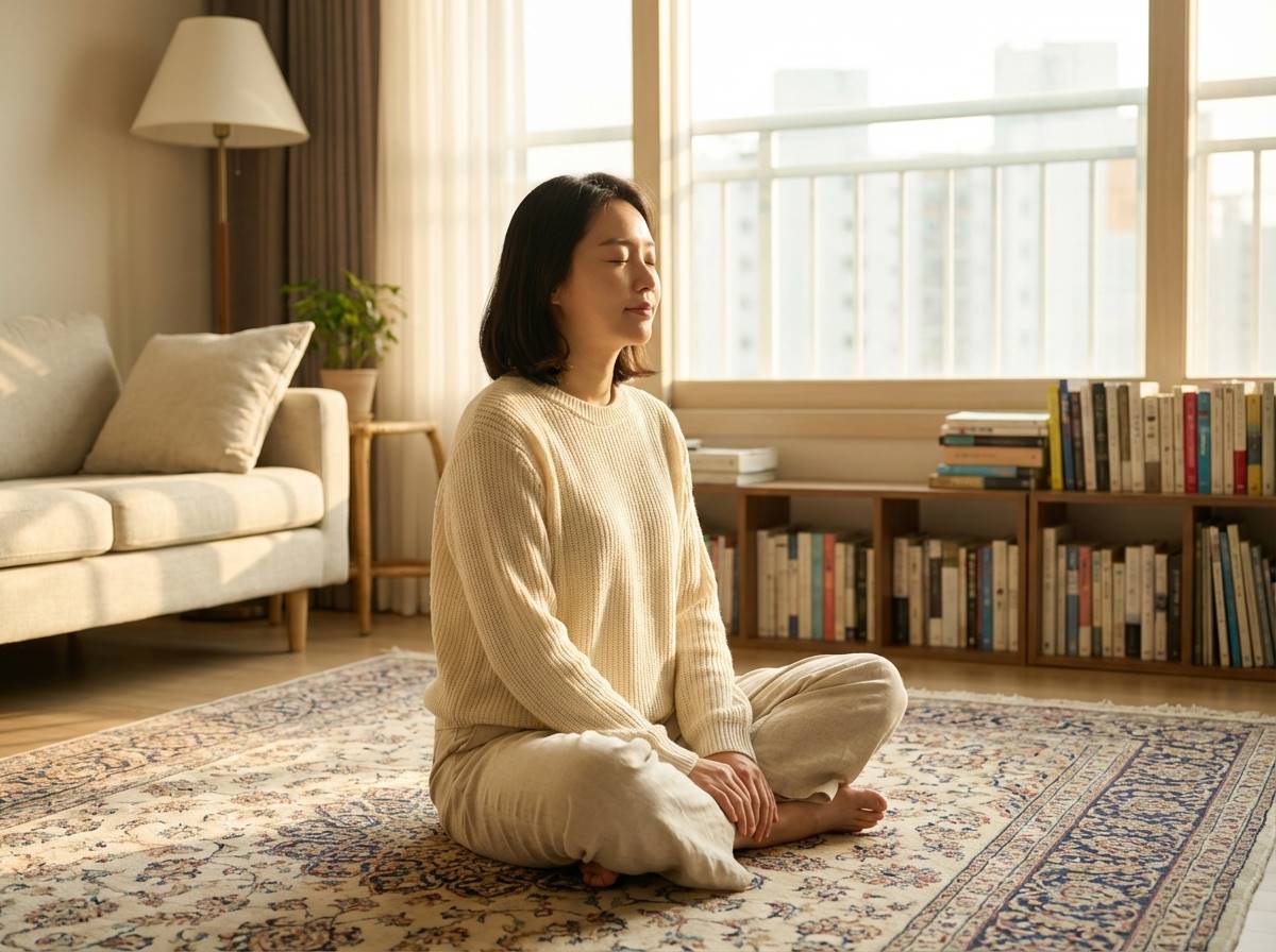 아늑한 거실에서 따뜻한 햇살을 받으며 가부좌를 틀고 편안하게 눈을 감고 호흡에 집중하는 여성의 모습