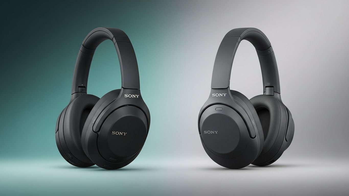 왼쪽에는 세련되고 프리미엄급인 WH-1000XM5가, 오른쪽에는 가볍고 스타일리시한 WH-CH720N이 나란히 있는 선명하고 조명이 잘 켜진 두 대의 소니 노이즈 캔슬링 헤드폰 스튜디오 샷입니다.