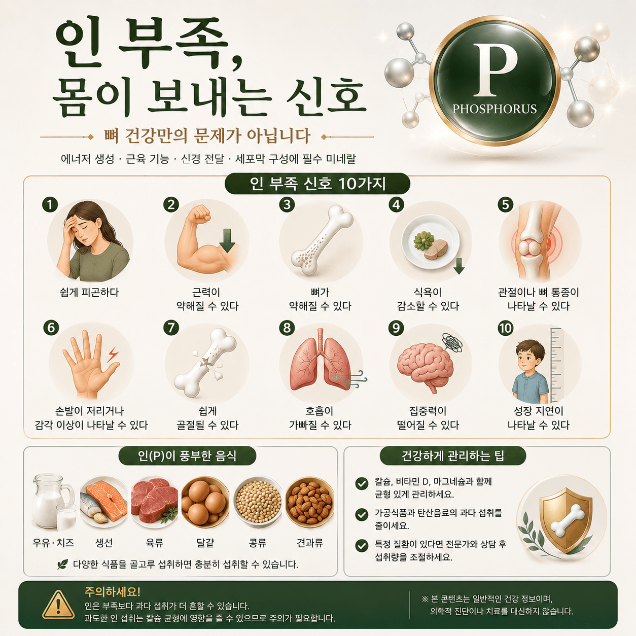 인 부족 증상과 인이 풍부한 음식, 관리 방법을 간결하게 정리한 인포그래픽