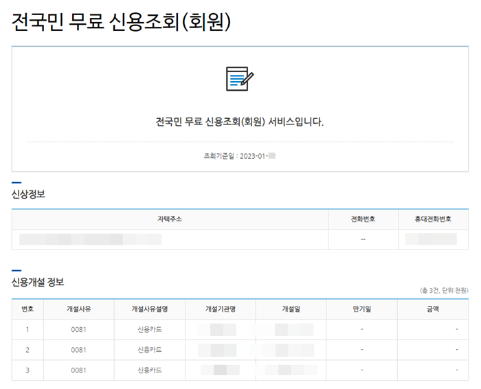 "전국민 무료 신용조회(회원)"내 신용개설 정보 메뉴