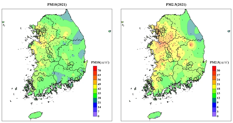 PM10과 PM2.5의 2021년 평균 농도 분포도