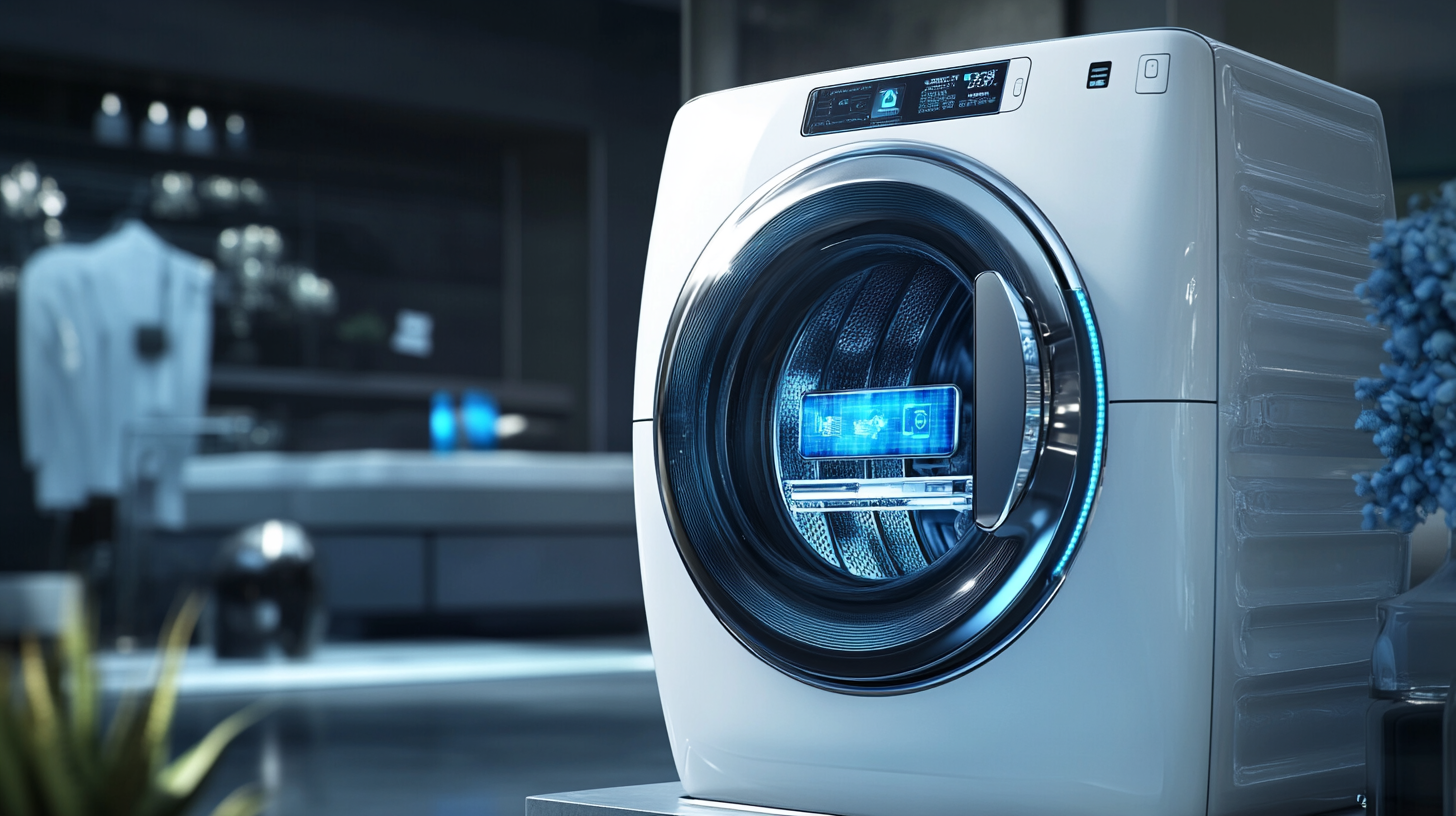 AI 기술과 스마트폰 통합 제어 기능이 포함된 미래 지향적 디자인의 삼성 그랑데 세탁기