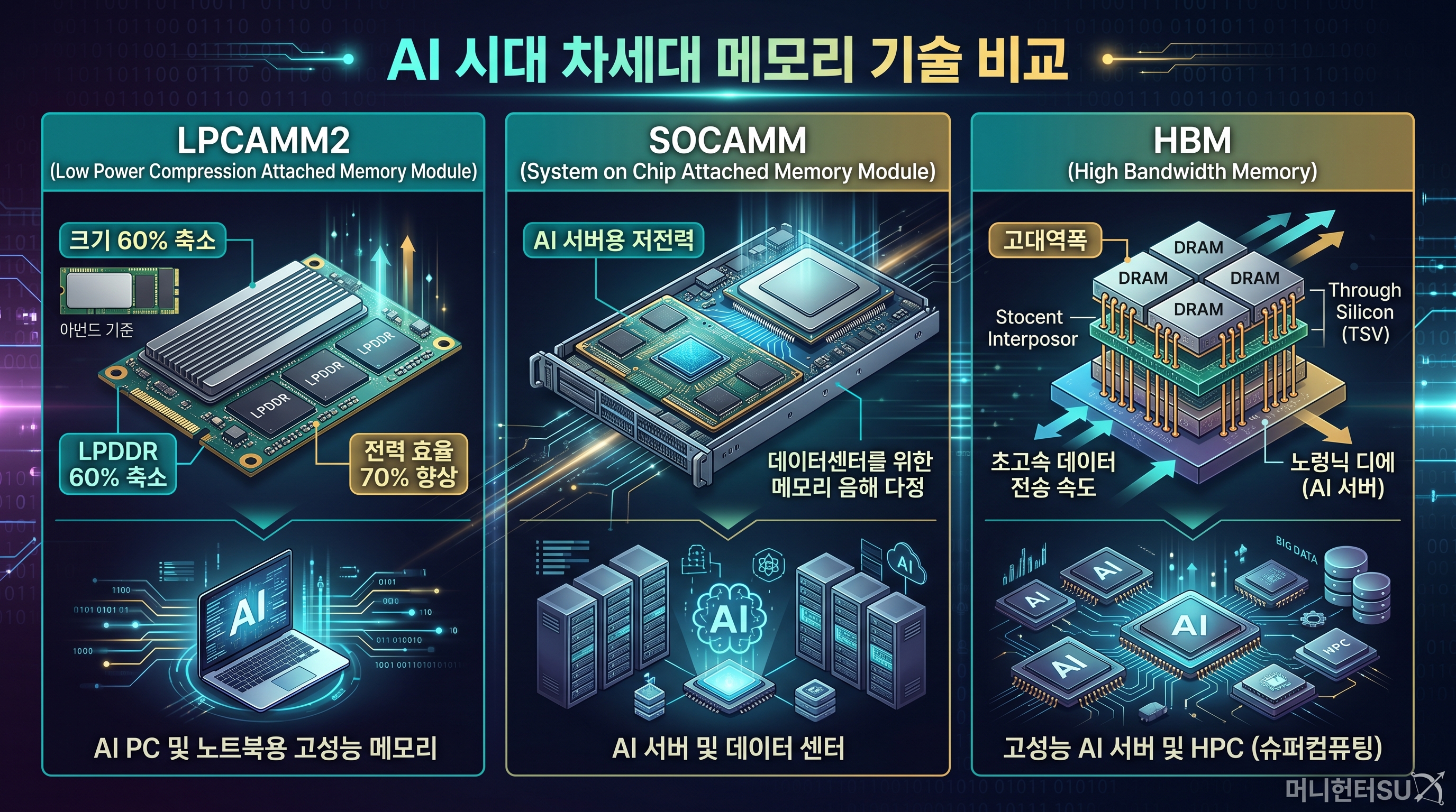 LPCAMM2 vs So-DIMM vs SOCAMM 저전력 메모리 비교 AI PC 서버 용도별 특징 인포그래픽