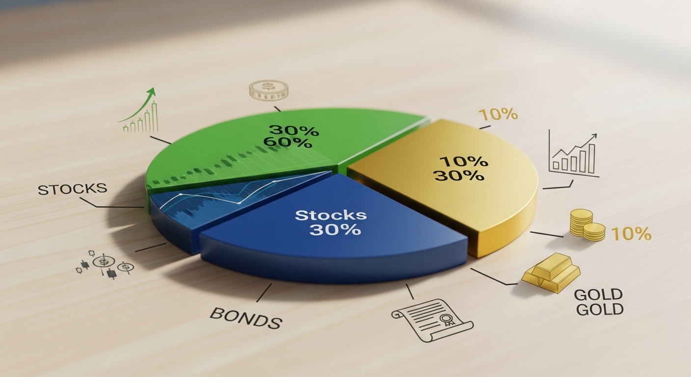 주식, 채권, 금이 적절히 섞인 분산 투자 포트폴리오 이미지