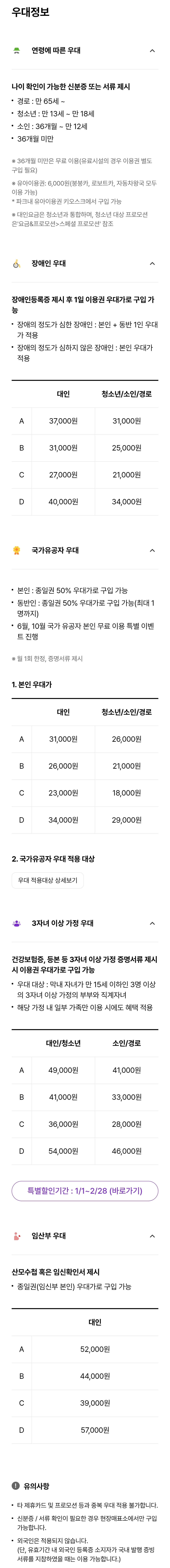 에버랜드 종일권 시즌별 이용요금 대상별 우대금액 안내