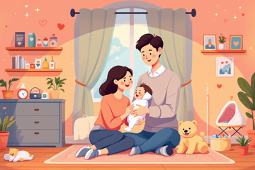 갓난아이를 안고 첫만남이용권으로 아기용품을 받고 행복해 하는 모습