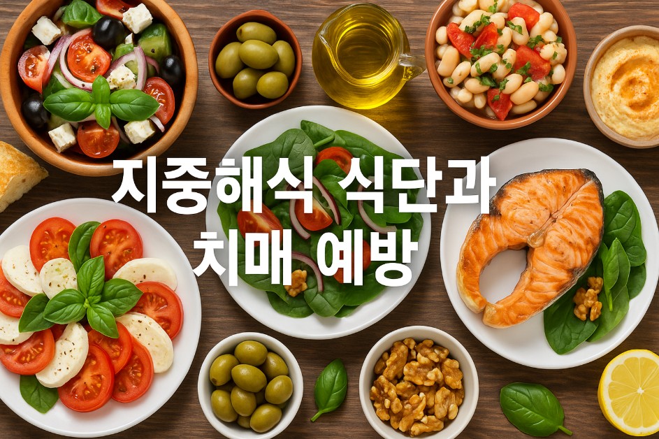 지중해식 식단을 상징하는 다양한 건강식이 나무 테이블 위에 정갈하게 배치되어 있으며, 가운데에는 &quot;지중해식 식단과 치매 예방&quot;이라는 문구가 큼직하게 강조되어 있다. 구운 연어, 카프레제 샐러드, 올리브, 호두, 병아리콩 샐러드, 허머스, 올리브오일 등이 색감 있게 배열되어 시각적으로도 영양적으로도 풍성한 구성을 보여준다.