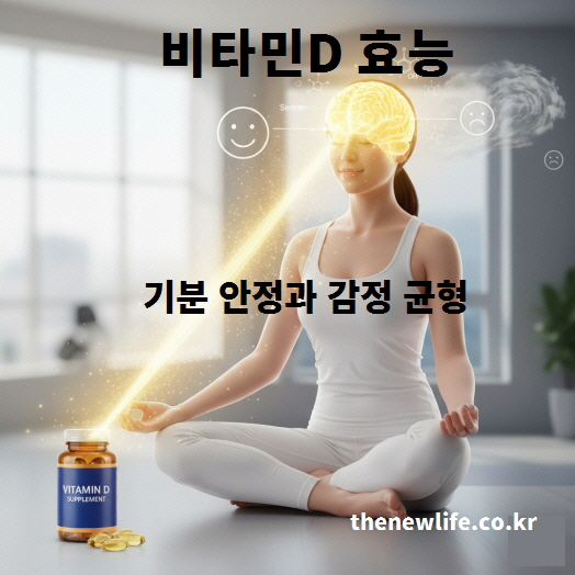비타민D 효능 &ndash; 두뇌에서 세로토닌 분비와 감정 균형을 돕는 비타민D 작용을 표현한 이미지