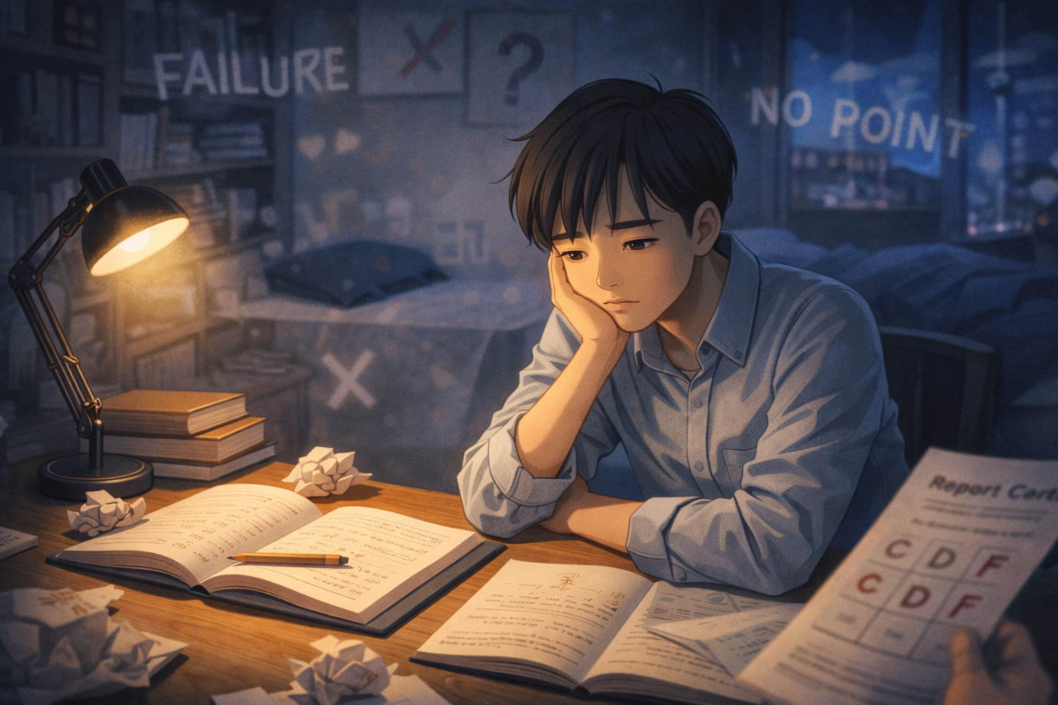 좌절한 학생의 밤 공부