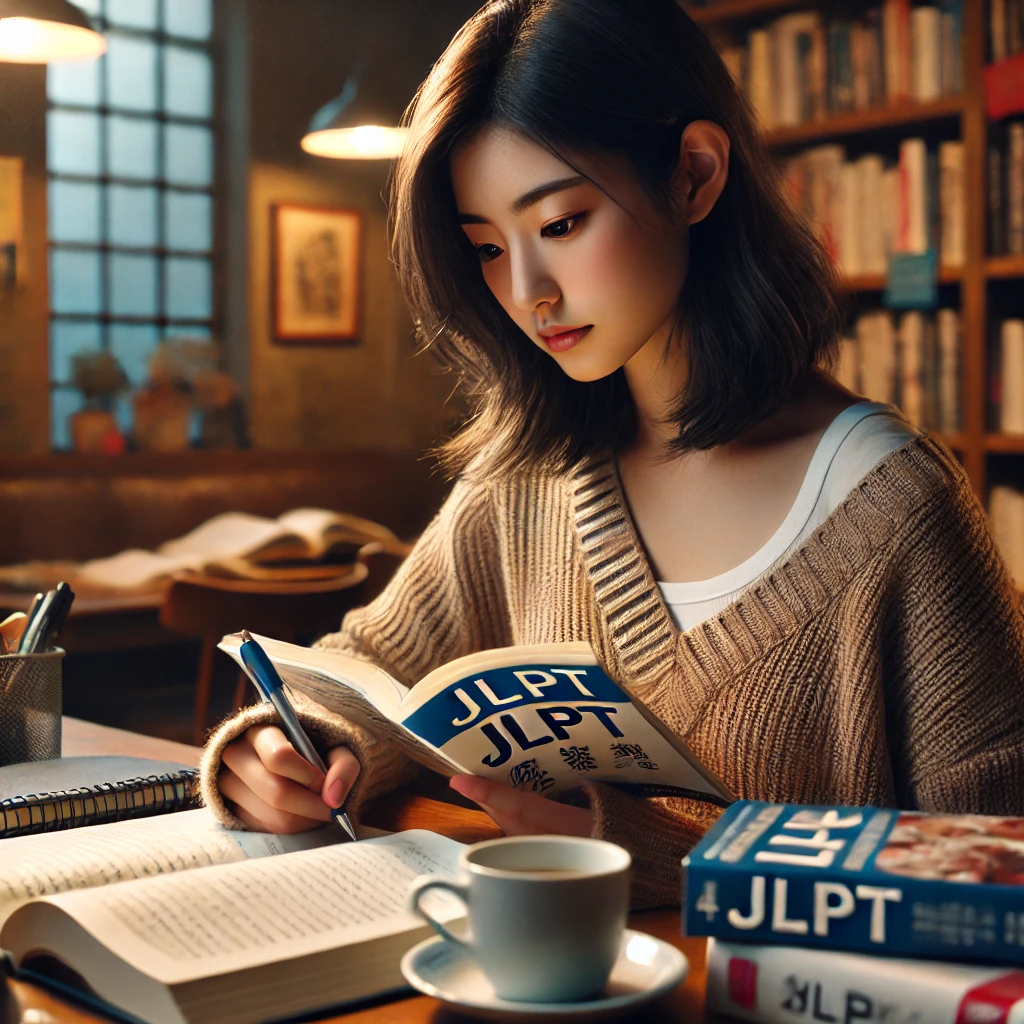 일본어 능력 시험을 준비하는 20대 여성이 도서관에서 책상에 앉아 노트를 작성하는 모습. 일본어 교재, 공책, 커피잔이 주변에 놓여 있으며, 따뜻한 조명이 비치는 아늑한 환경의 도서관 장면