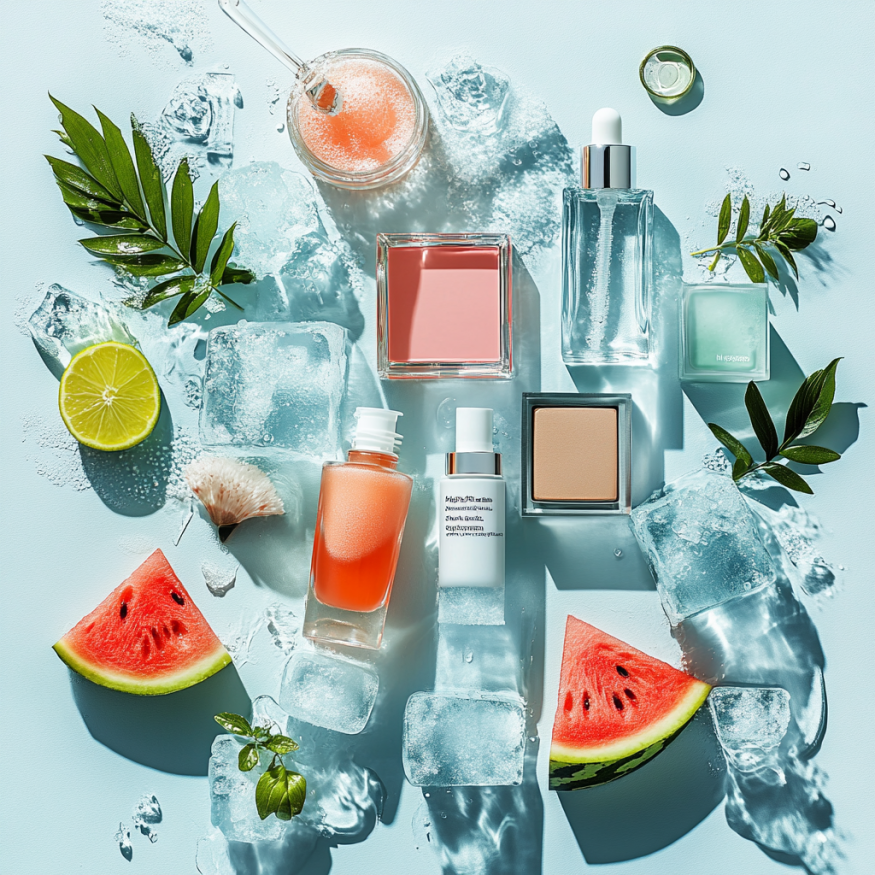 여름철 지속력 갑! 뷰티템 추천 - 여러제품을 여름과일인 수박과 얼음 사이에 배치. 여름용 제품임을 강조하는 그림.