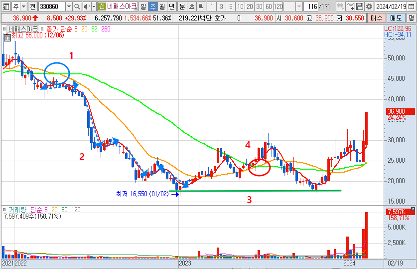 네패스아크 주봉 차트 분석 (24.2.21)