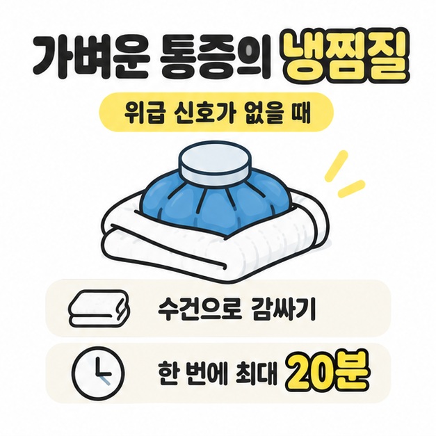 위급 신호가 없는 가벼운 통증에서 수건으로 감싼 냉찜질 팩과 한 번에 최대 20분이라는 시간을 보여 주는 카드