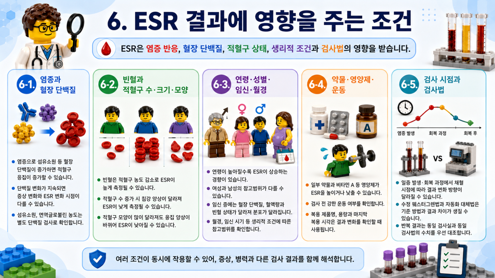 ESR 결과에 영향을 주는 염증, 빈혈, 임신, 약물, 검사법 등 주요 조건을 정리한 레고 스타일 의료 인포그래픽