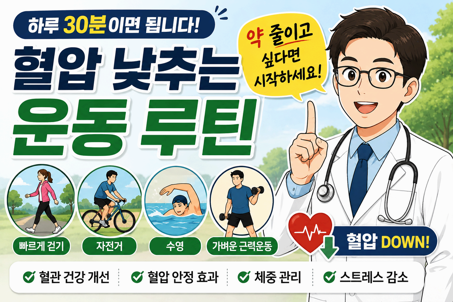혈압 낮추는 운동 7가지｜하루 30분으로 고혈압 관리하는 방법