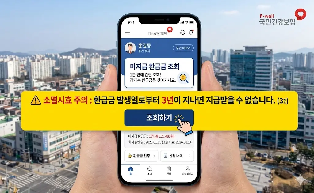 소멸시효 3년이 지나기 전 스마트폰 The건강보험 앱에 접속하여 미지급 건강보험 환급금을 1분 만에 간편 조회하는 화면