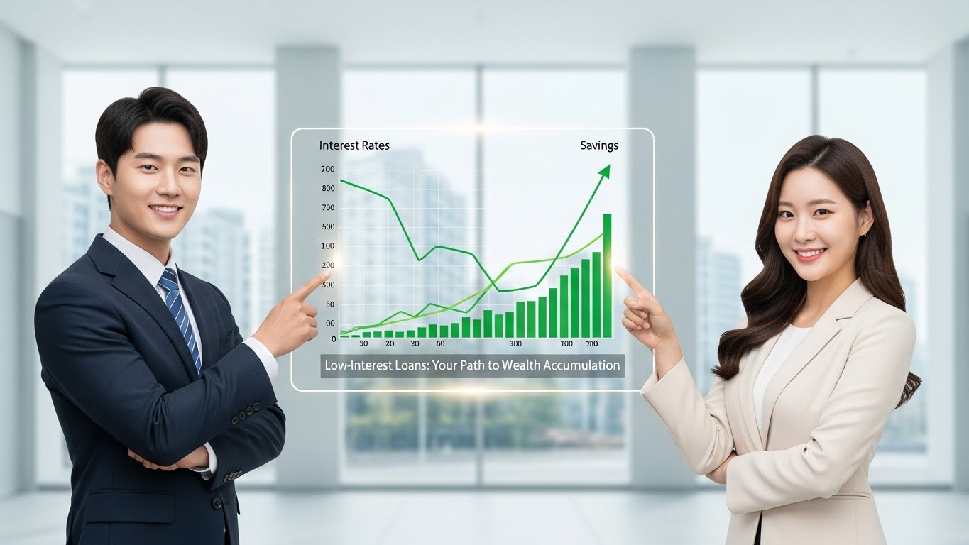 낮은 금리와 높은 저축액을 보여주는 차트를 자신감 있게 가리키는 젊은 한국인. 금융 혜택과 미래 주택 마련을 위한 계획을 상징합니다.