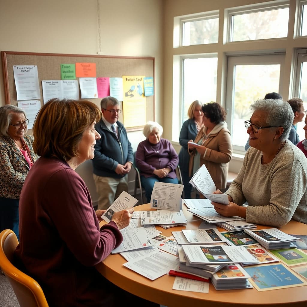 지역 사회에서 에너지바우처 관련 상담을 받거나 정보를 공유하는 모습을 표현합니다. 사회복지사나 상담사가 도움을 주는 장면, 또는 주민들이 서로 소통하는 모습을 통해 공동체의 따뜻함을 전달합니다.