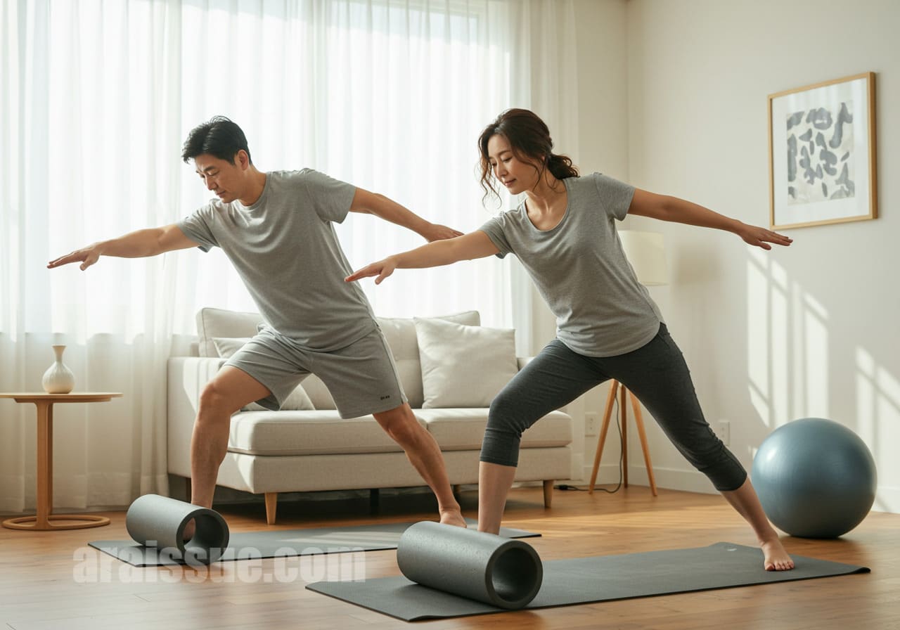 수면과 회복을 위한 스트레칭과 호흡 루틴 장면