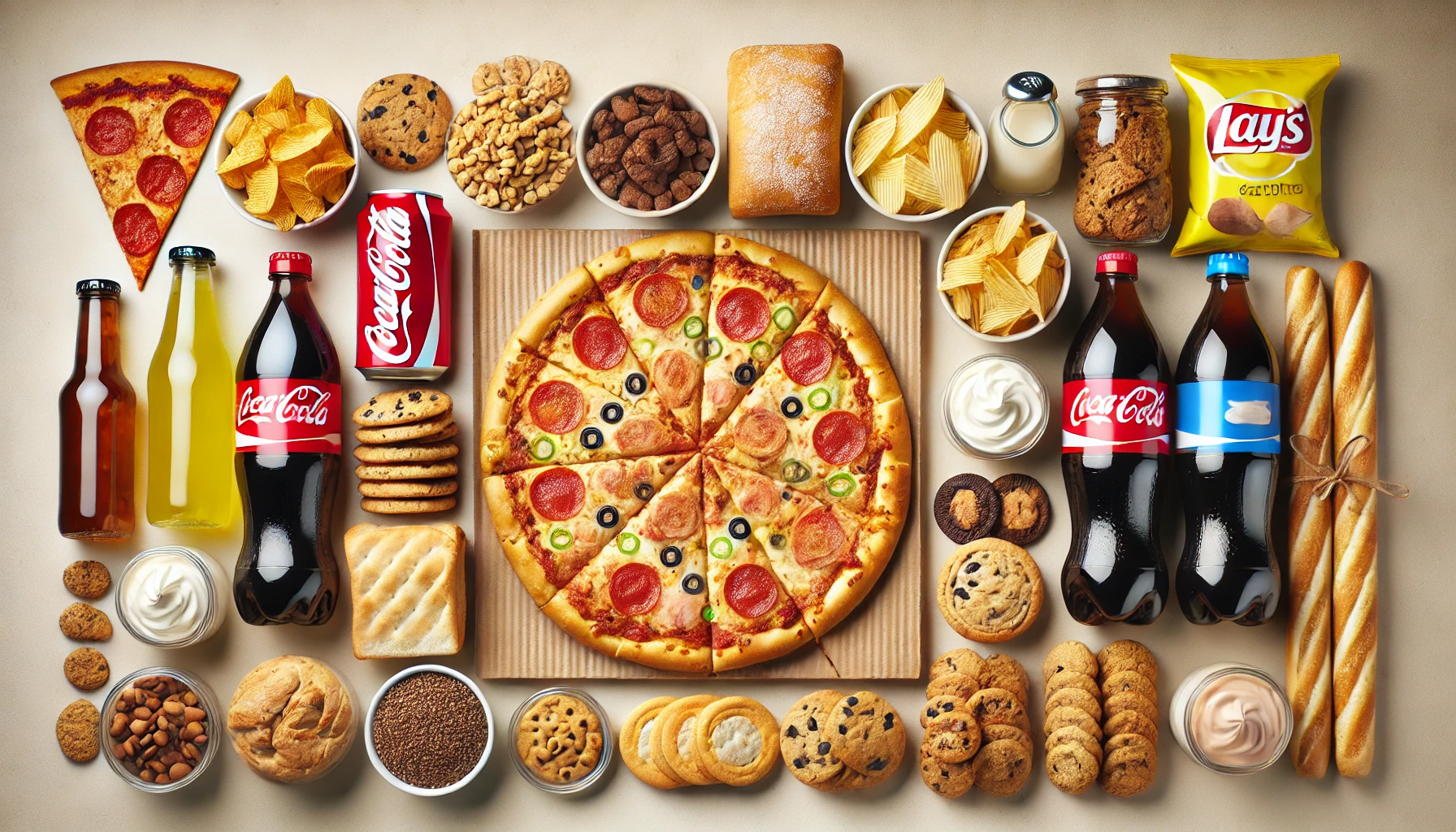 피자, 탄산음료, 과자, 베이커리, 감자칩 등 고열량 고당류 음식과 음료들이 가지런히 놓인 사진 – 다이어트 중 피해야 할 대표 음식들