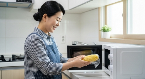 전자레인지에 초당옥수수를 랩으로 싸서 넣는 한국 주부