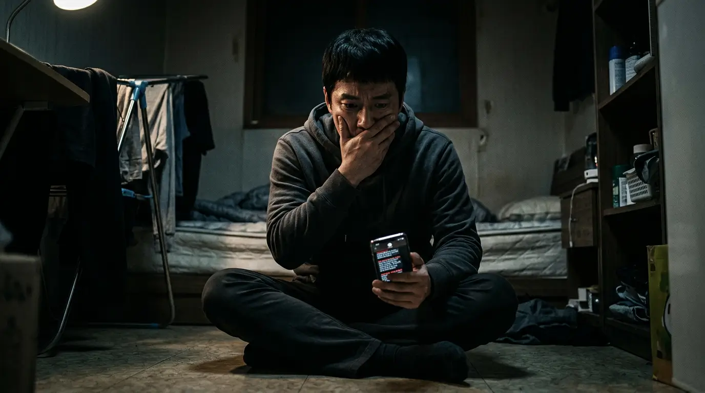어두운 한국식 원룸에서 30대 남성이 지인에게 유포하겠다는 협박 문자가 뜬 스마트폰을 쥐고 극도의 공포에 질려 있는 사실적인 장면