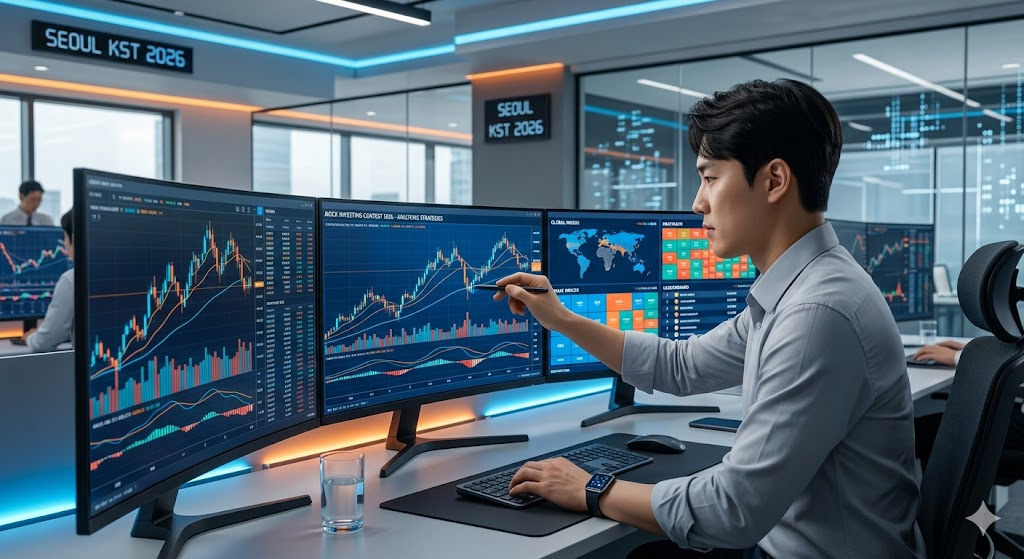 현대적인 오피스 환경에서 전문적으로 주식 차트를 분석하는 직장인의 모습을 세련된 3D 렌더링 스타일로 표현