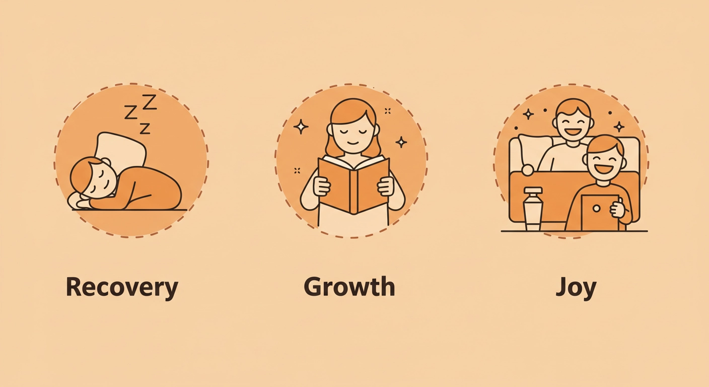 회복, 성장, 즐거움을 나타내는 아이콘과 인포그래픽. 하루 휴가 계획의 핵심 전략을 시각적으로 설명.