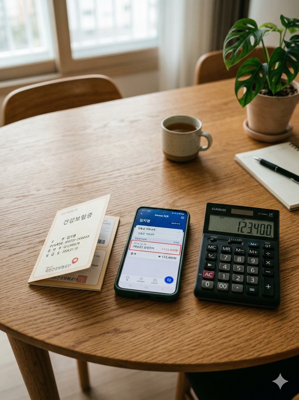 건강보험증과 배당금이 입금된 내역이 찍힌 스마트폰, 그리고 계산기가 테이블 위에 정갈하게 놓여 있는 모습