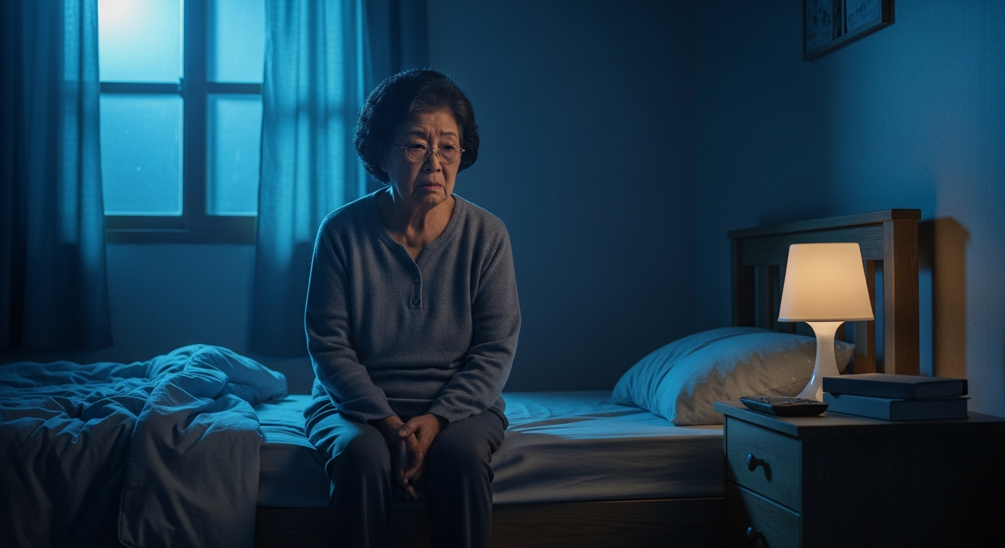 침대에서 잠들지 못하고 불안해하는 중년의 모습, 불면증과 피로 누적 이미지