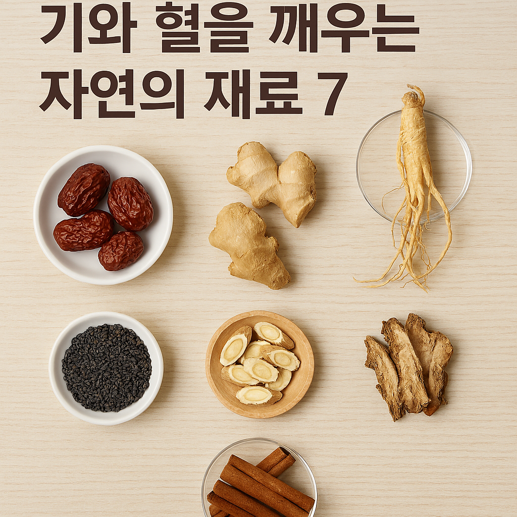 7 natural ingredients to enhance qi and blood circulation arranged neatly on a wooden background