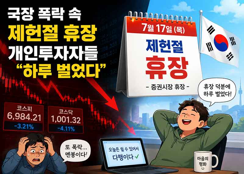 국장 폭락 속 제헌절 휴장으로 개인투자자들이 안심하고 있는 이미지 입니다.