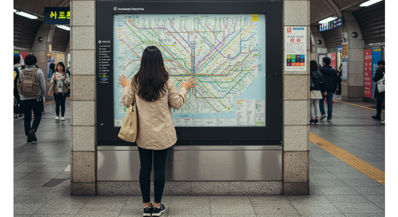 여행자가 복잡한 외국 지하철 노선도를 이해하지 못해 혼란스러워하는 모습.