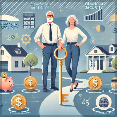 중년 부부가 금융 계획, 투자, 저축 계좌로 이루어진 길 위에 서 있으며, 'Financial Security'라고 적힌 황금 열쇠를 들고 있습니다. 뒤에는 부동산, 주식, 연금 등의 투자 요소가 둘러싸여 있어 안정적인 미래 설계를 상징합니다.