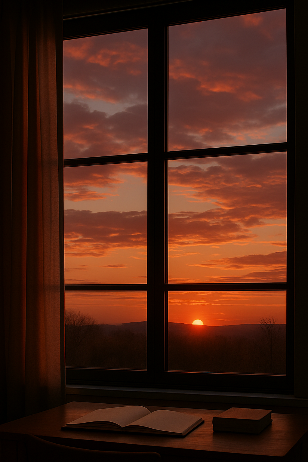 창 너머로 붉은 노을이 지는 저녁 하늘과 구름이 보이고, 실내 창가 아래 책상 위에 펼쳐진 책이 놓인 고요한 풍경