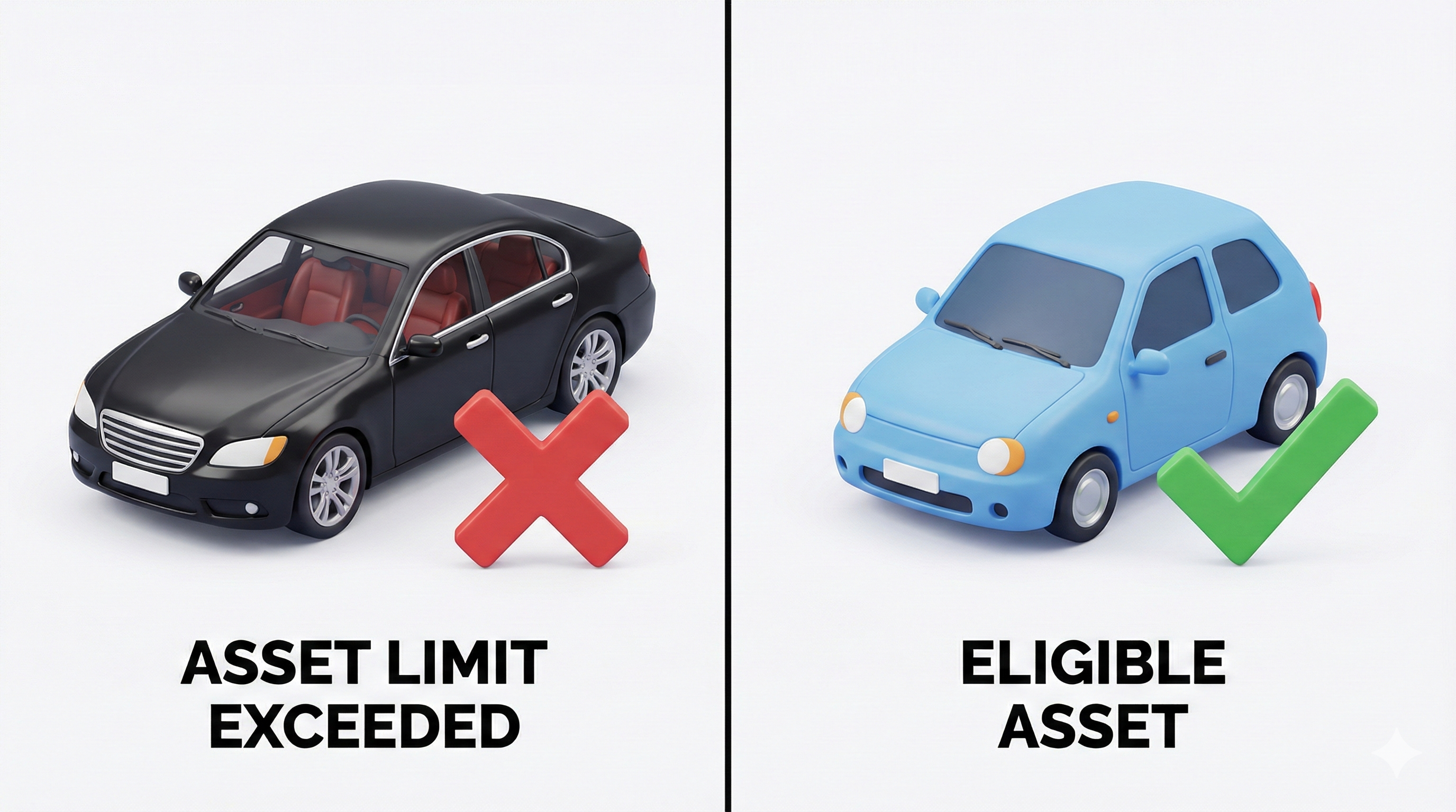 고급 승용차에는 빨간색 X표가, 소형차에는 초록색 O표가 표시된 비교 이미지