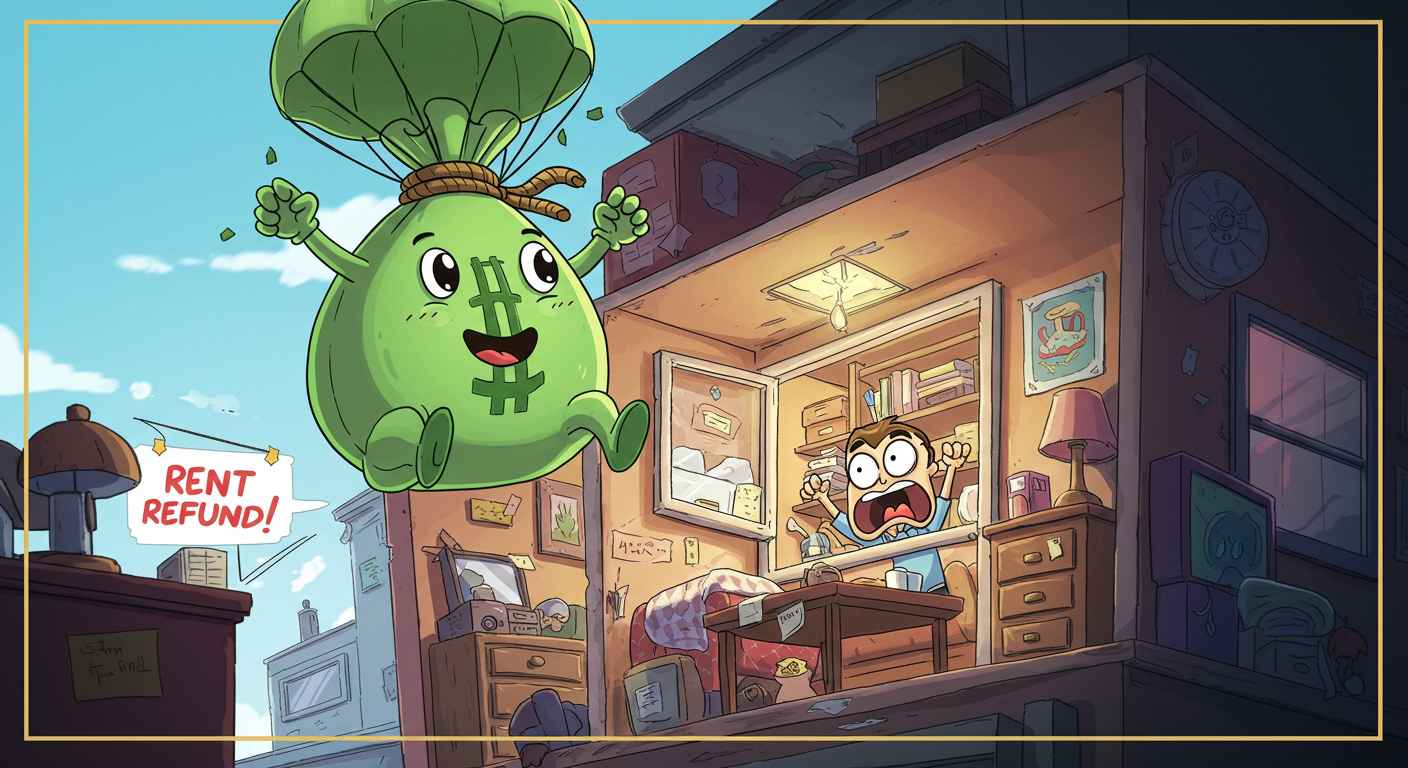 A funny cartoon of a money bag parachuting into a tiny apartment labeled 'Rent Refund', with a surprised character inside.