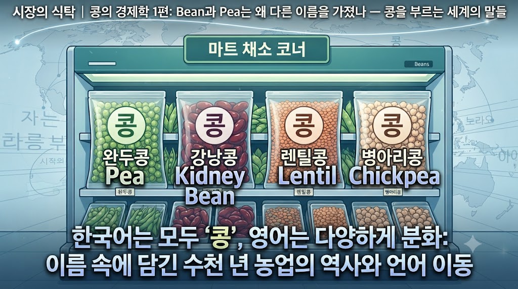 마트 채소 코너를 배경으로 완두콩, 강낭콩, 렌틸콩, 병아리콩이 진열되어 있습니다. 모든 콩의 한국어 라벨에는 '콩'이라는 글자가 명확하게 보입니다. 그 위로 투명한 오버레이 효과를 통해 해당 콩의 영어 이름(Pea, Kidney Bean, Lentil, Chickpea)이 각각 다르게 표시되어, 한국어와 영어의 명명 방식 차이를 직관적으로 대비시킵니다. (심볼릭 인포그래픽)