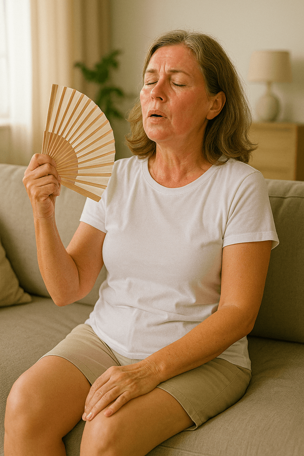 거실 소파에 앉아 흰 반팔 티셔츠와 반바지를 입은 중년 여성이 손부채로 얼굴을 부치며 열감을 식히고 있는 모습