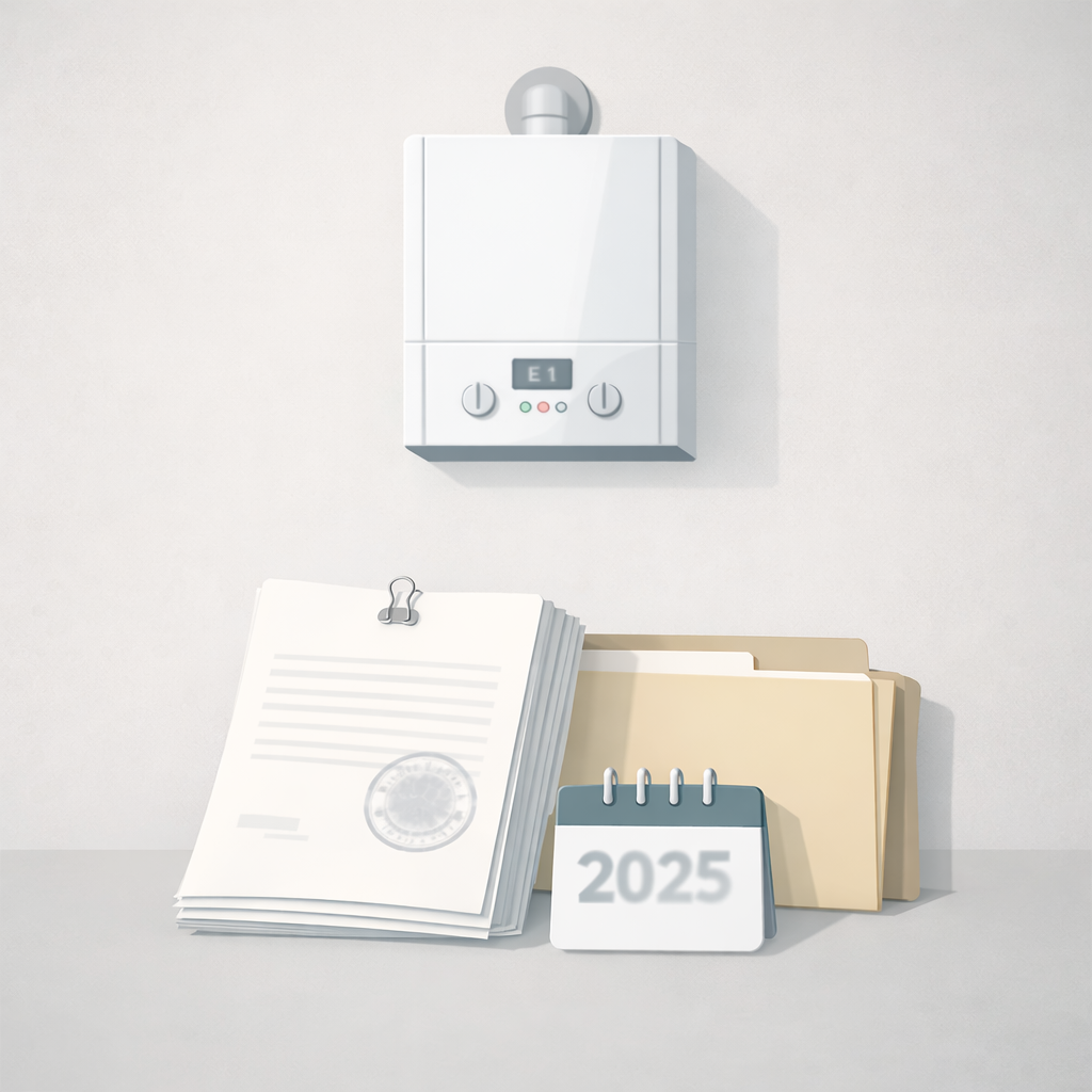 보조금 신청이 까다롭고 준비가 필요하다는 점을 상징적으로 표현한 콘덴싱 보일러와 서류 이미지