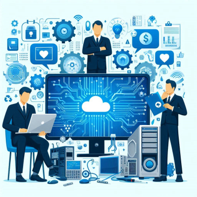 클라우드 컴퓨팅과 데이터 처리에 대해 회의하는 비즈니스 사람들의 일러스트입니다.