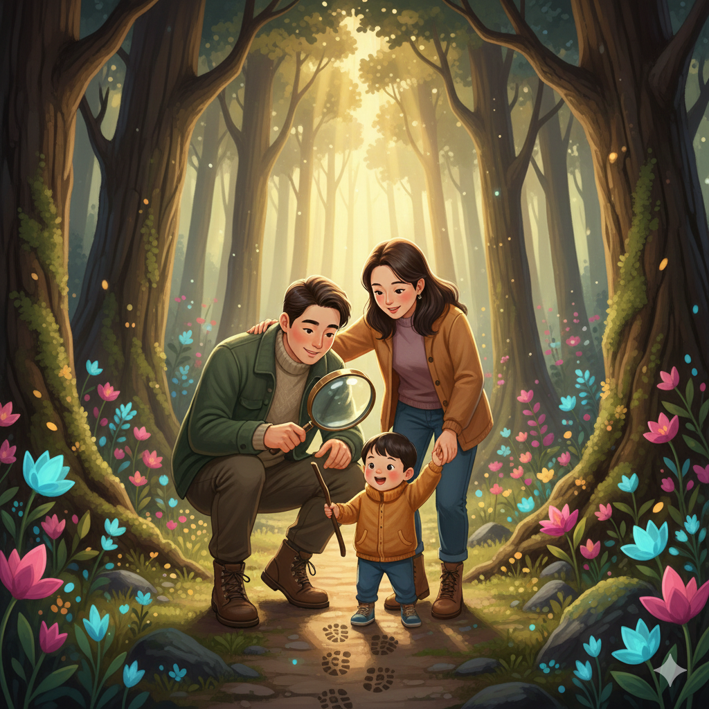 돋보기를 들고 아이의 발자국을 관찰하는 부모의 따뜻한 일러스트