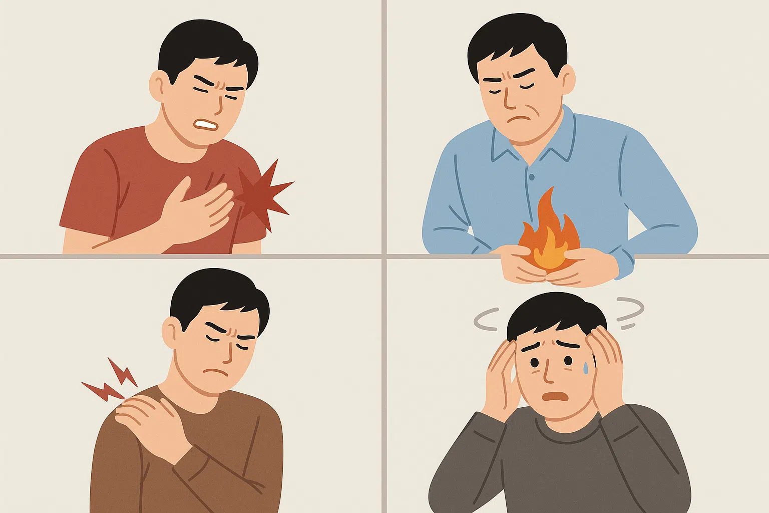 심장 통증, 소화기 문제, 근골격계 통증, 공황장애를 비교