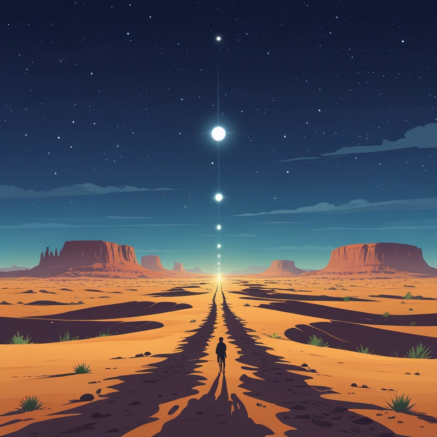 여러 지역을 이동하면서도 동일한 천문 현상을 지속적으로 관측하는 과정을 상징적으로 표현한 이미지