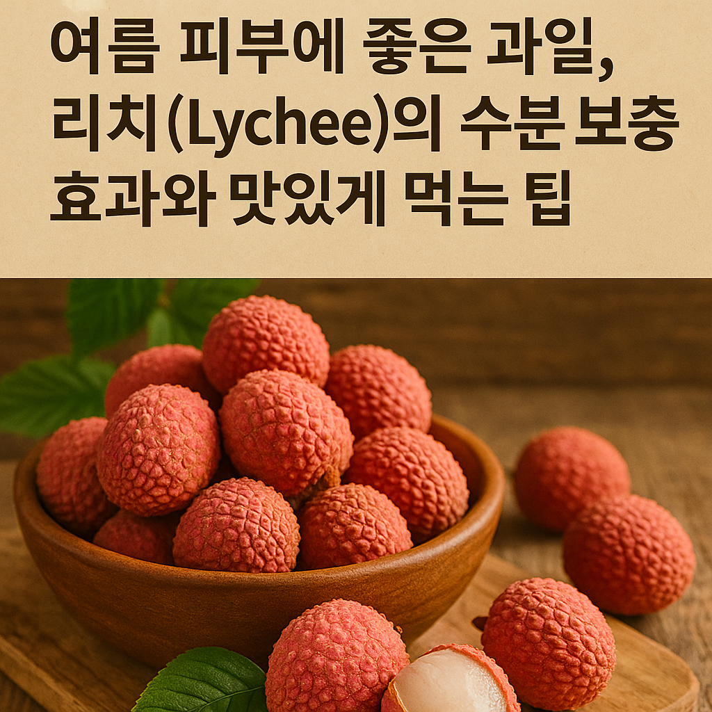 리치가 담긴 나무 그릇과 껍질 벗긴 과육 모습