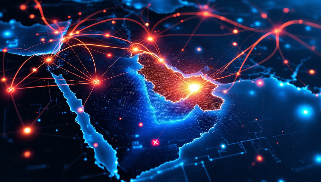 중동과 호르무즈 해협의 지정학적 긴장과 전 세계 반도체 및 주요 산업 공급망 위기를 나타내는 이미지