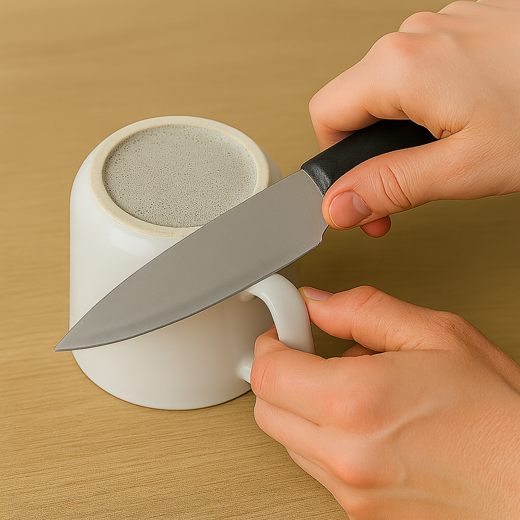 한손은 머그컵 손잡이를 잡고 다른 손은 주방칼을 잡아 머그컵 바닥에 칼날을 긁어가는 모습